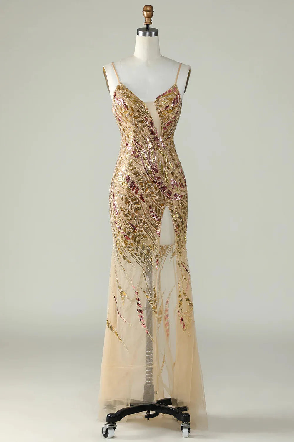 Wholesale Sparkly Sequin Gold Mermaid Spaghetti Straps Long Tulle Prom Dress With Split prom clothing